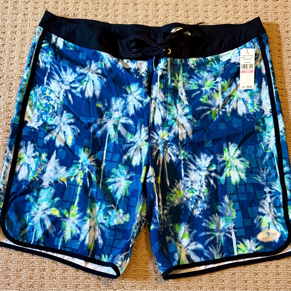 NWT Tommy Bahama Blue Palm-Print Board Shorts with Black Waistband, Sz 40